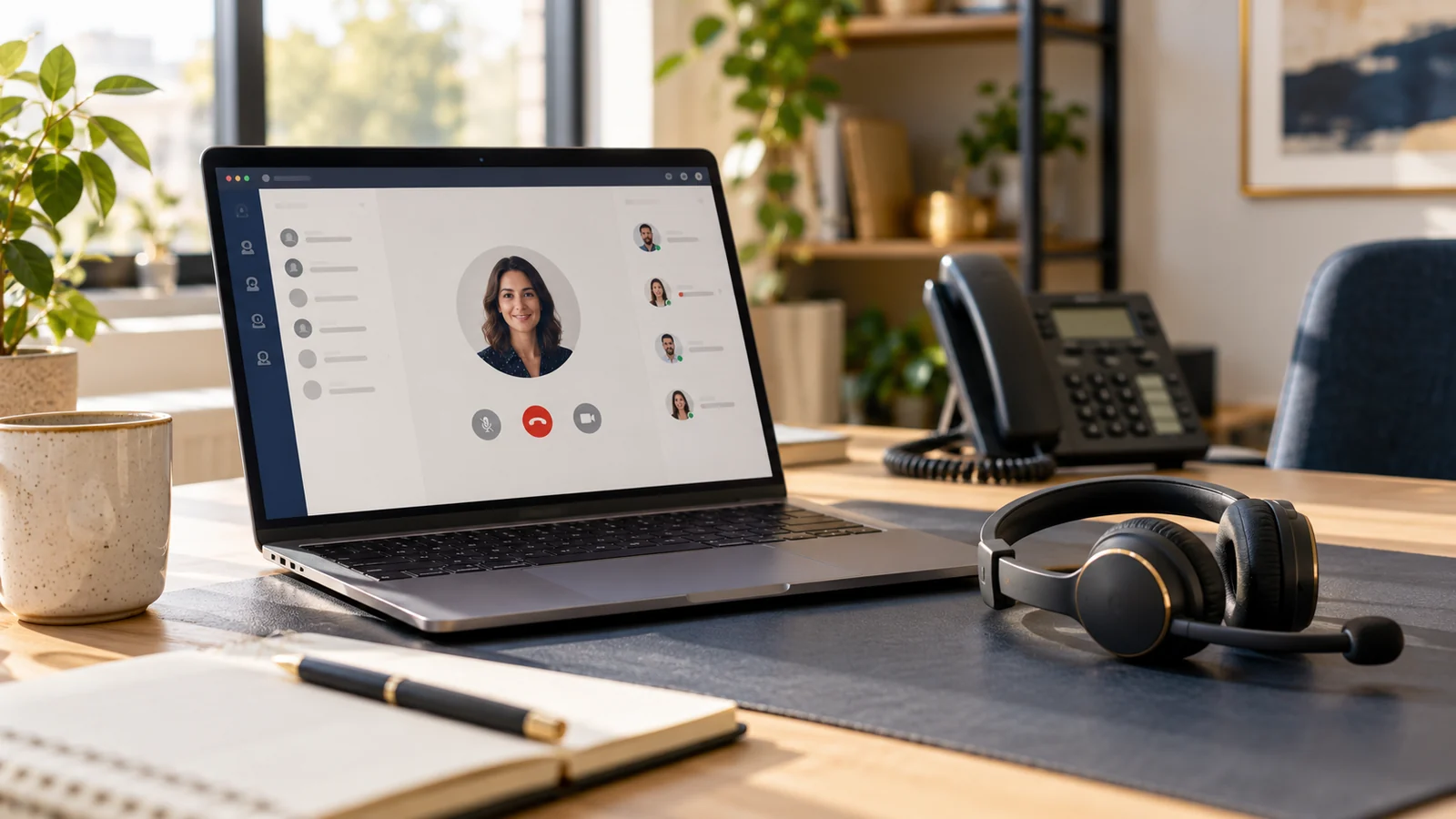 Laptop with a software calling interface and a headset, with a traditional desk phone in the background